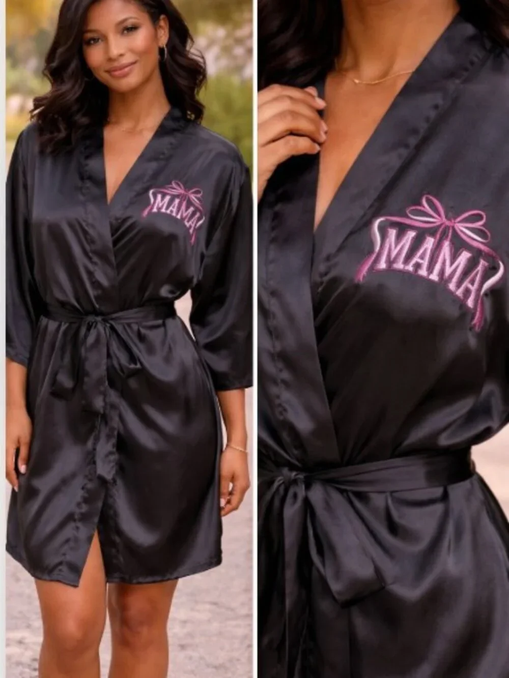 NWOT Black Satin Mama Spa Lounge Tie Robe with Pink Bow Graphic Design